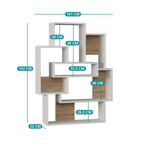 Modern aszimmetrikus polc 132x101x22cm fehér-tölgy