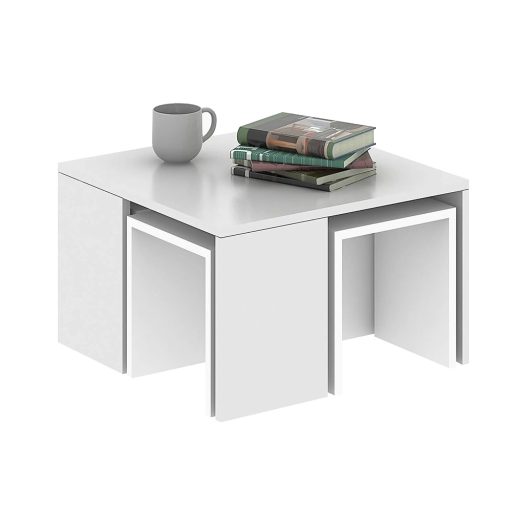 Dohányzóasztal rejtett kisasztalokkal, 5db fehér