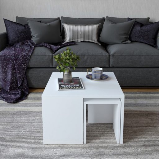 Dohányzóasztal rejtett kisasztalokkal, 5db fehér