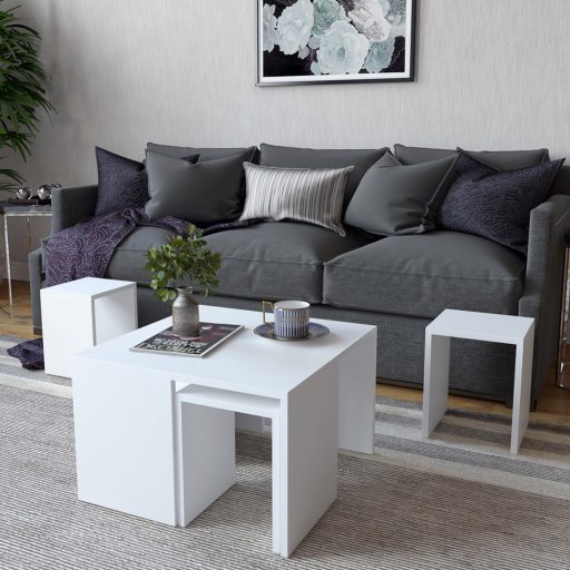 Dohányzóasztal rejtett kisasztalokkal, 5db fehér