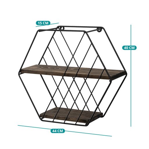 Fém polc hatszög 44x40x15cm, fekete-dió