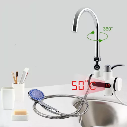 LED kijelzős vízmelegítő csaptelep -fali, vízszintes csatlakozás, tusrózsával