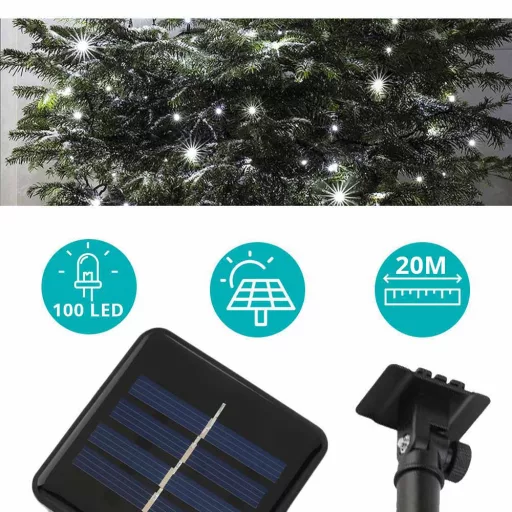 100 LED-es napelemes kerti fényfüzér-20 méteres-hideg fehér