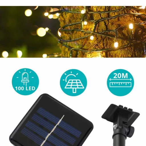 100 LED-es napelemes kerti fényfüzér-20 méteres-meleg fehér