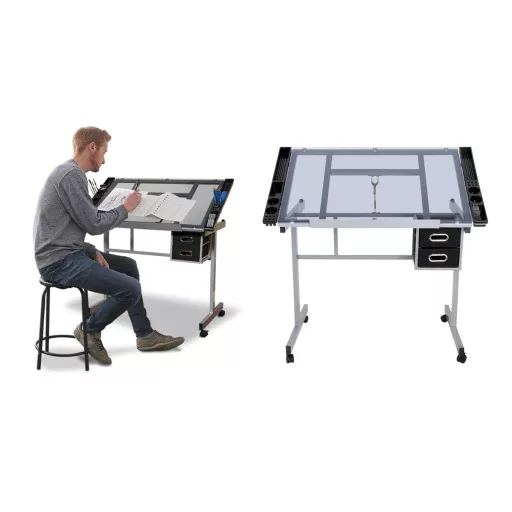 Tervező asztal dönthető,üveg asztallappal