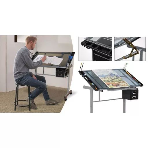 Tervező asztal dönthető,üveg asztallappal