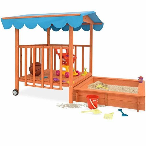 Fa játszóház homokozóval és árnyékoló tetővel