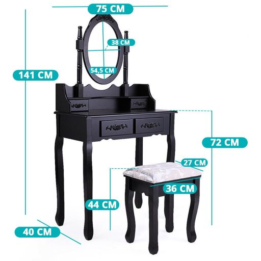 Tükrös fésülködő asztal székkel, Rome több színben-fekete
