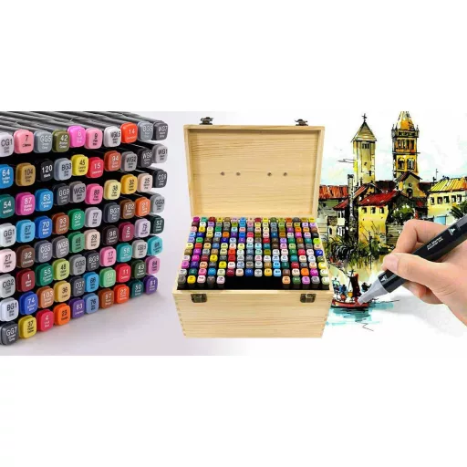 170 db-os kétvégű marker készlet ajándék, festhető fadobozban