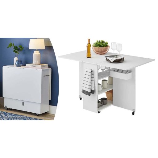 Összecsukható gurulós asztal polcokkal, kinyitható asztallappal, fehér
