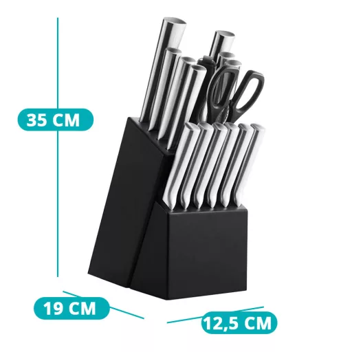 16 részes rozsdamentes késkészlet fa tartóban, élezővel, ollóval