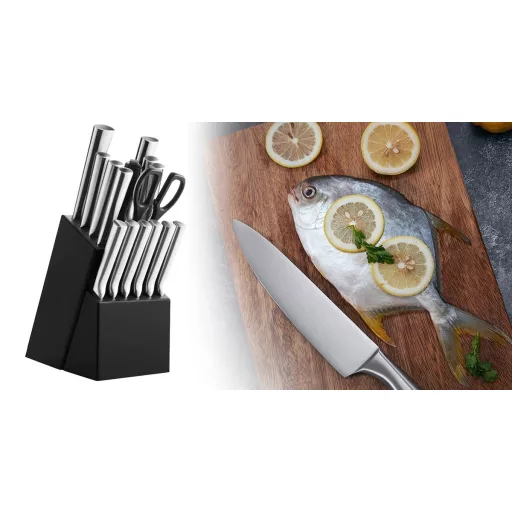16 részes rozsdamentes késkészlet fa tartóban, élezővel, ollóval