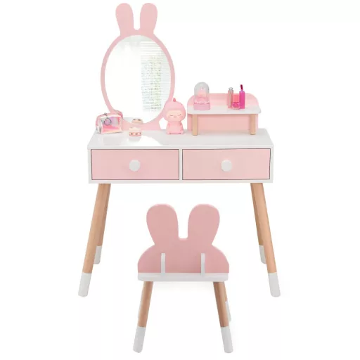 Nyuszis fésülködő asztal gyerekeknek tükörrel, székkel