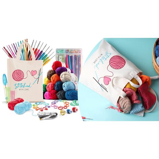 Horgoló készlet színes fonalakkal, kiegészítőkkel ajándék válltáskában