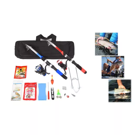  Kezdő horgászfelszerelés 2 db teleszkópos horgászbottal, kiegészítőkkel