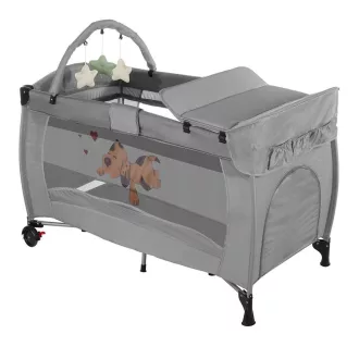 Utazóágy pelenkázó lappal és játékhíddal, szürke