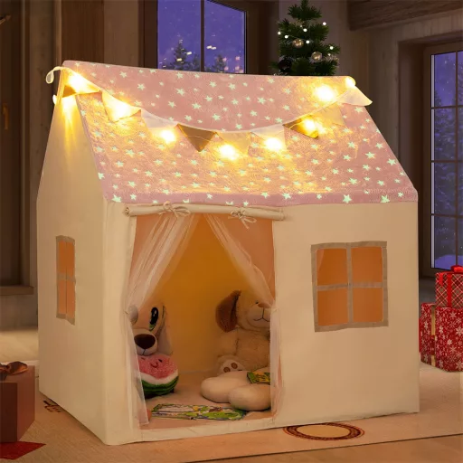 Gyermek játszóház fényfüzérrel, rózsaszín