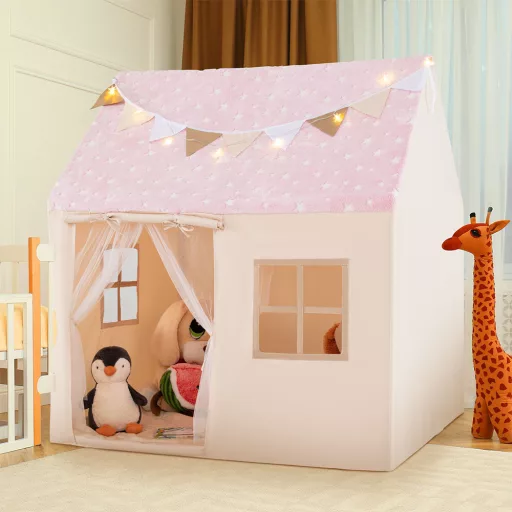 Gyermek játszóház fényfüzérrel, rózsaszín