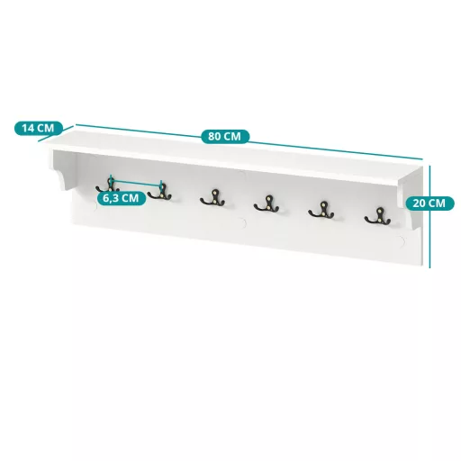 6 akasztós falipolc, fehér