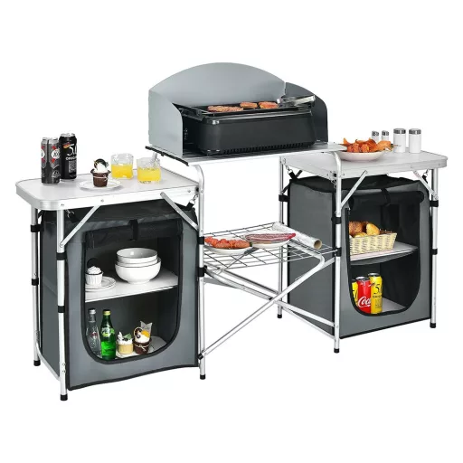 Összecsukható kemping konyha tárolórendszerrel