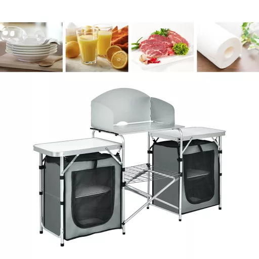 Összecsukható kemping konyha tárolórendszerrel