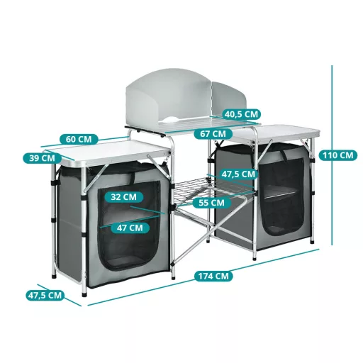 Összecsukható kemping konyha tárolórendszerrel