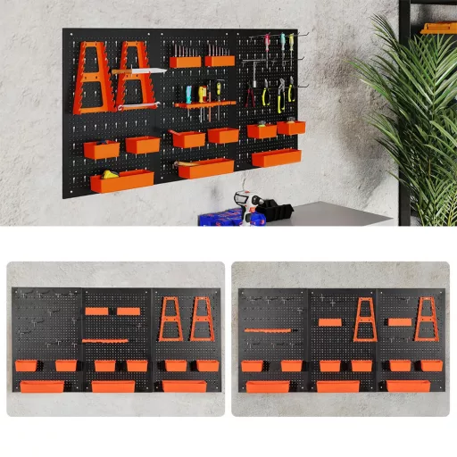 Fém szerszámtároló 9 rekesszel és akasztókkal