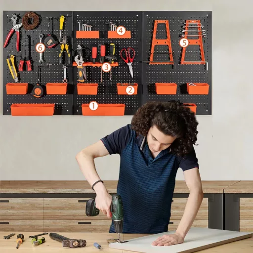 Fém szerszámtároló 9 rekesszel és akasztókkal