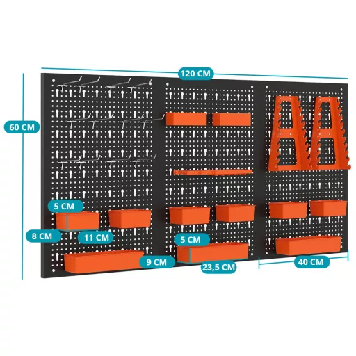 Fém szerszámtároló 9 rekesszel és akasztókkal