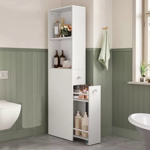 Oldalán 2 polcos kihúzható fürdőszobaszekrény, 134.4x40x18 cm