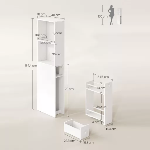 Oldalán 2 polcos kihúzható fürdőszobaszekrény, 134.4x40x18 cm