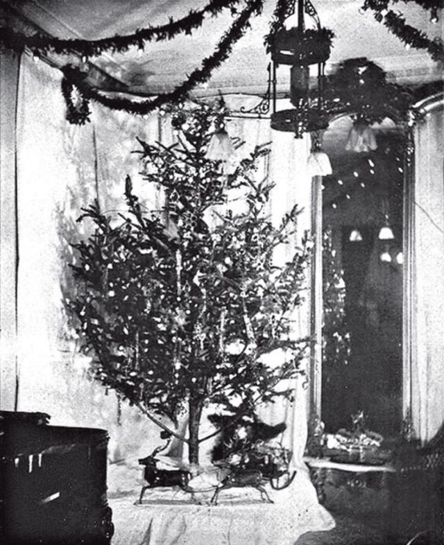 Edward H. Johnson karácsonyfáját mutatja elektromos lámpasorokkal