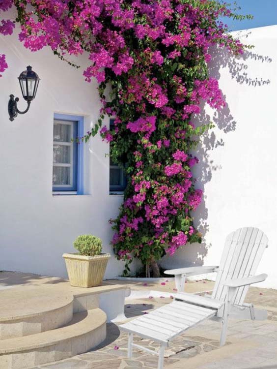 Görög udvar fehérre meszelt falakkal, apró szobrokkal, vidám színekben pompázó virágokkal